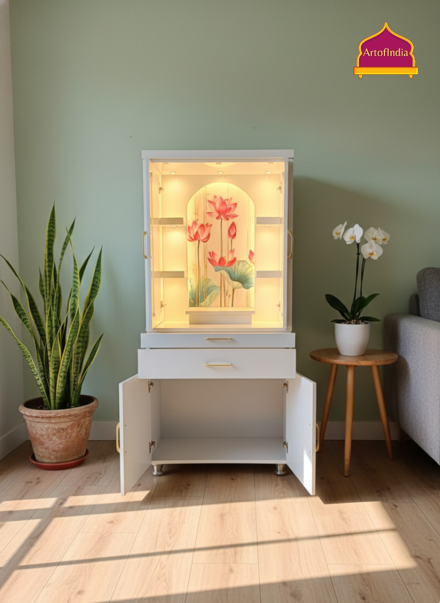 ARTOFINDIA White Wooden Pooja Mandir With Lotus Glass  Design &  Glass Doors and Drawers Included Tray