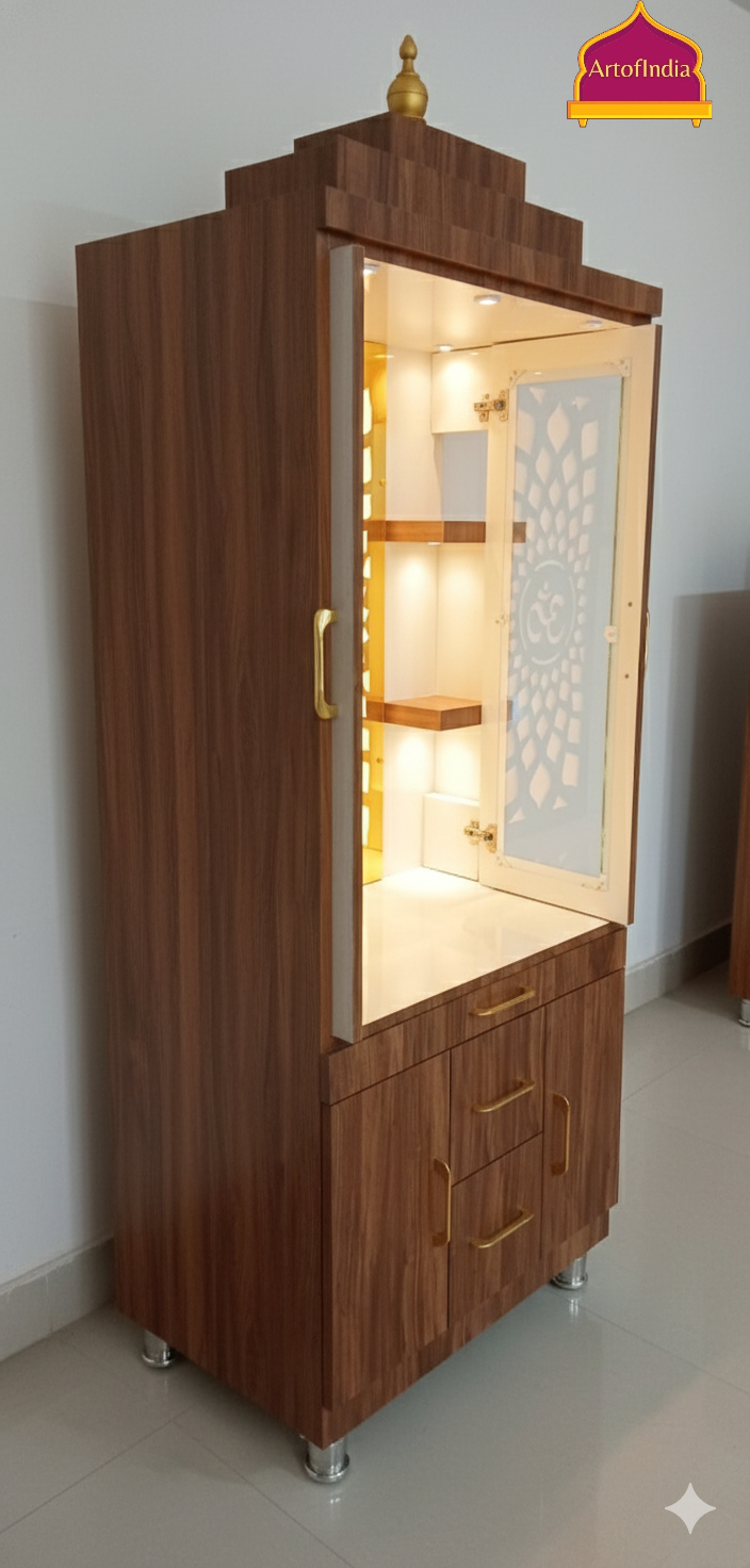 ARTOFINDIA White  Wooden Pooja Mandir With Gumbad & Om jali  with shelfs  and drawers &tray