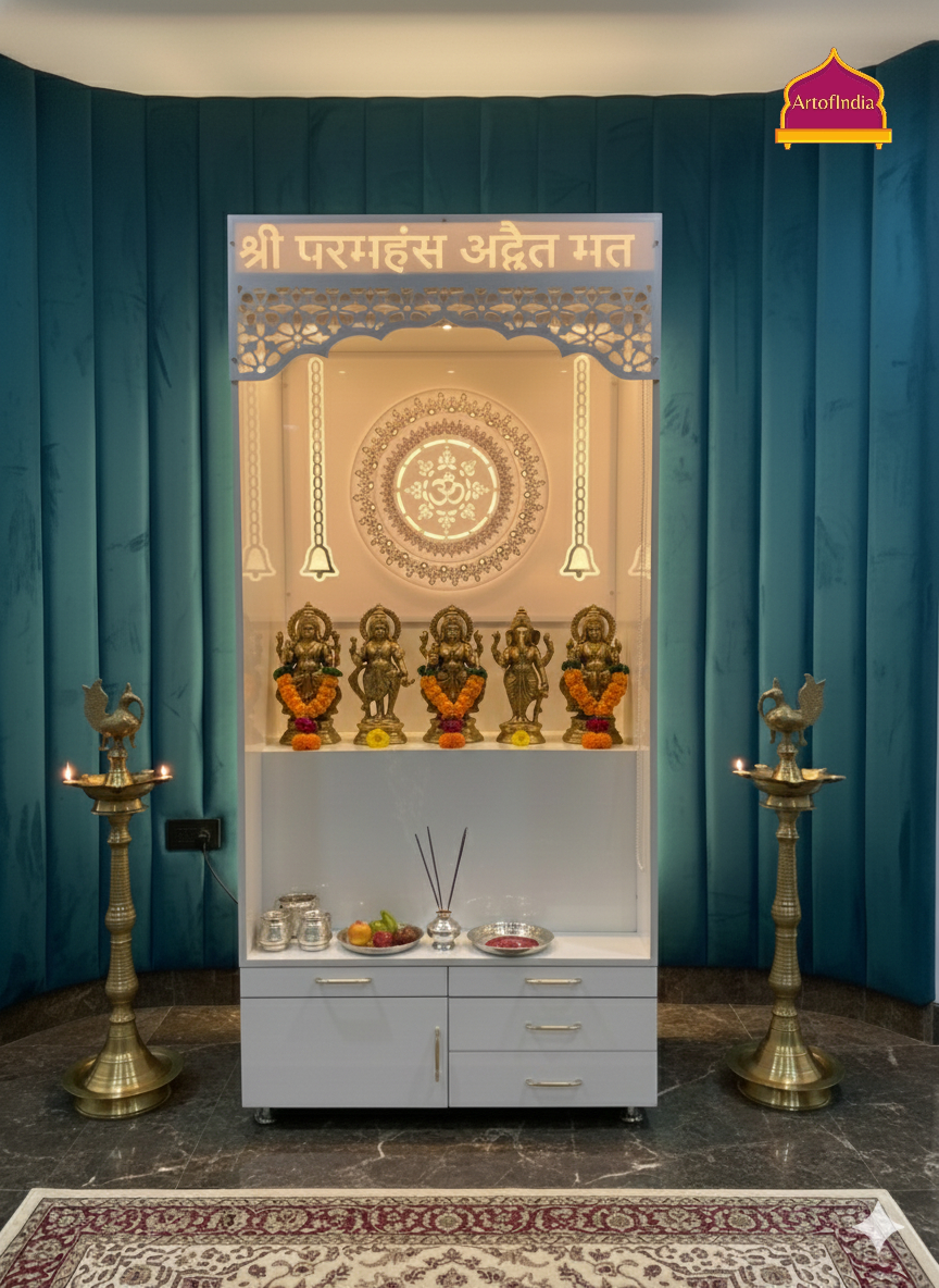 ARTOFINDIA White Wooden Pooja Mandir With Om Design & Step and Drawers Included Tray