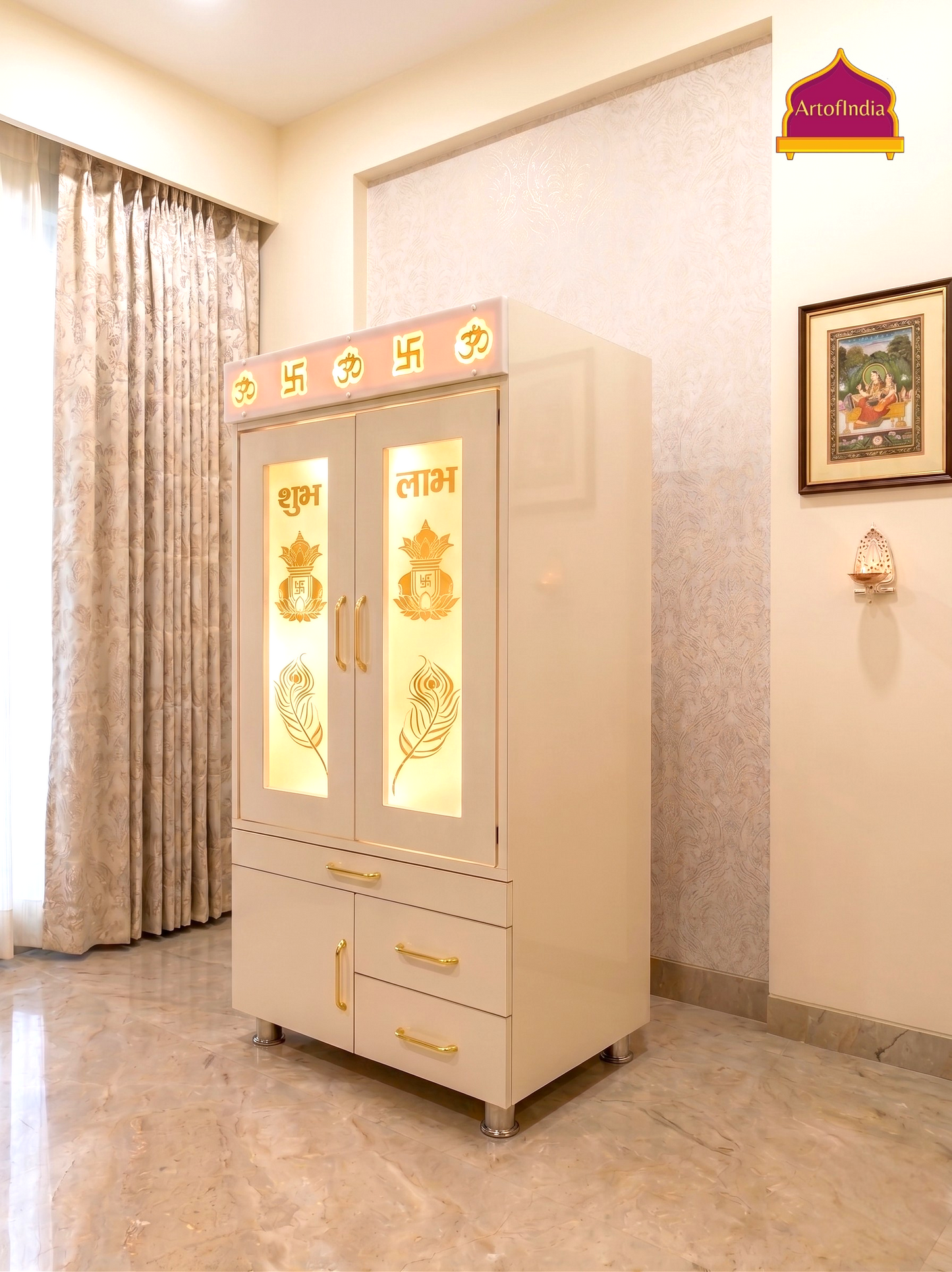 ARTOFINDIA White  Wooden Pooja Mandir  With Om Swastik Patti and  Om Glass  With P. Doors And step  Drawers Including Tray
