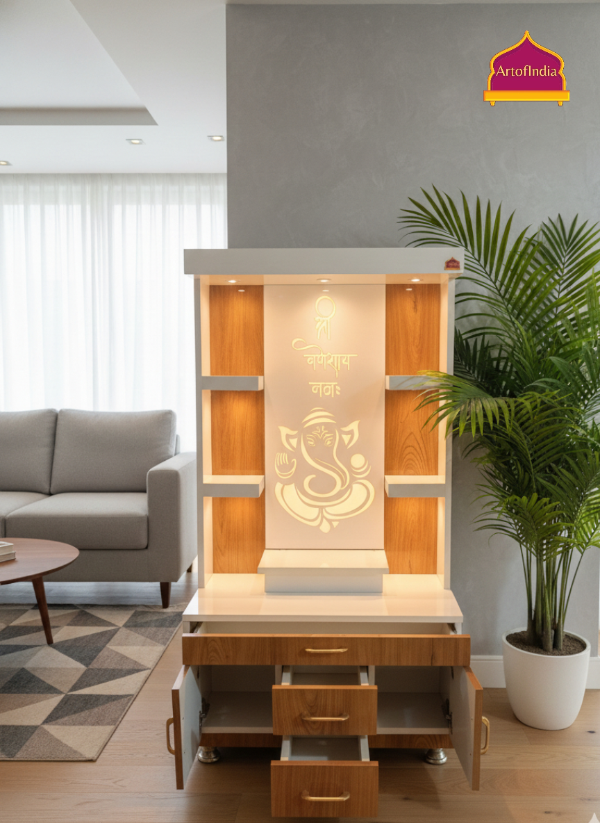 ARTOFINDIA White Wooden Pooja Mandir With Ganesh  Design   and Drawers Included Tray