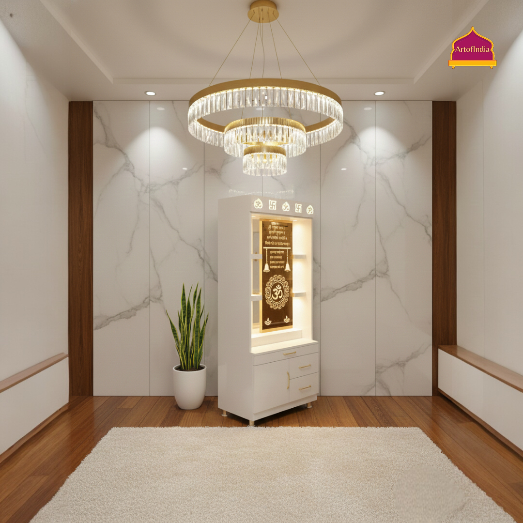 ARTOFINDIA White Wooden Pooja Mandir With Om Design Glass With  Drawers Included Tray