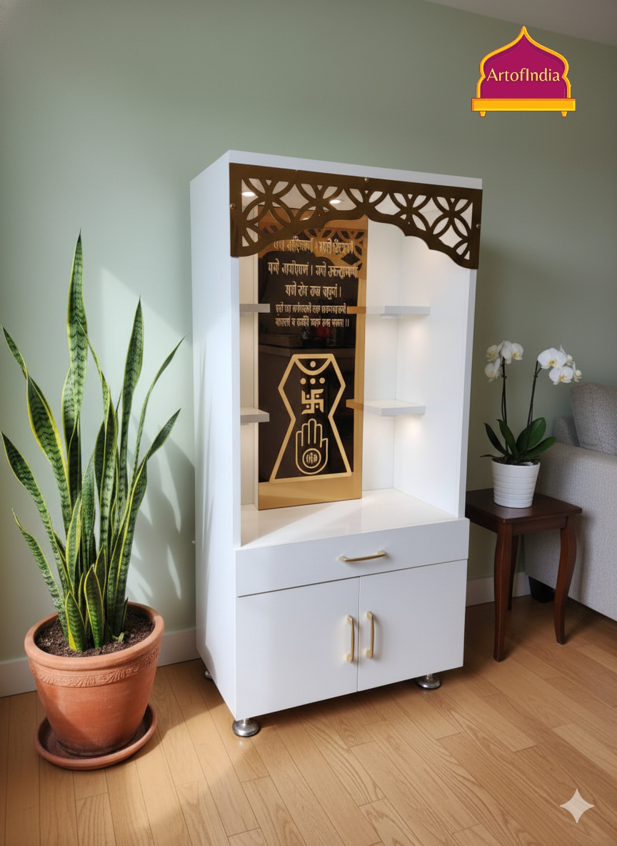ARTOFINDIA White Wooden Pooja Mandir With Jain Glass  Design and Drawers Included Tray