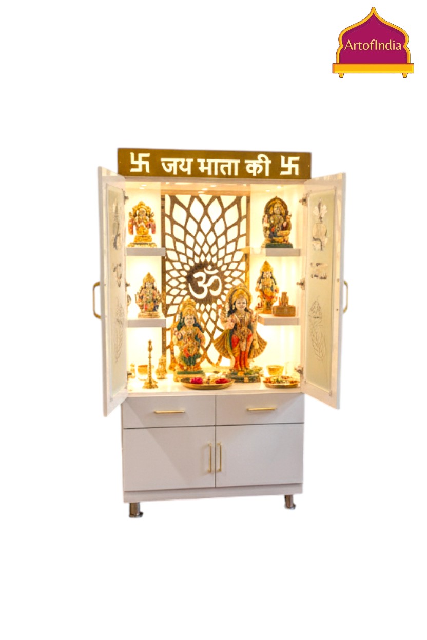 ARTOFINDIA White Wooden Pooja Mandir With  mor pankh doors ,Om jali  with shelfs  and drawers &tray