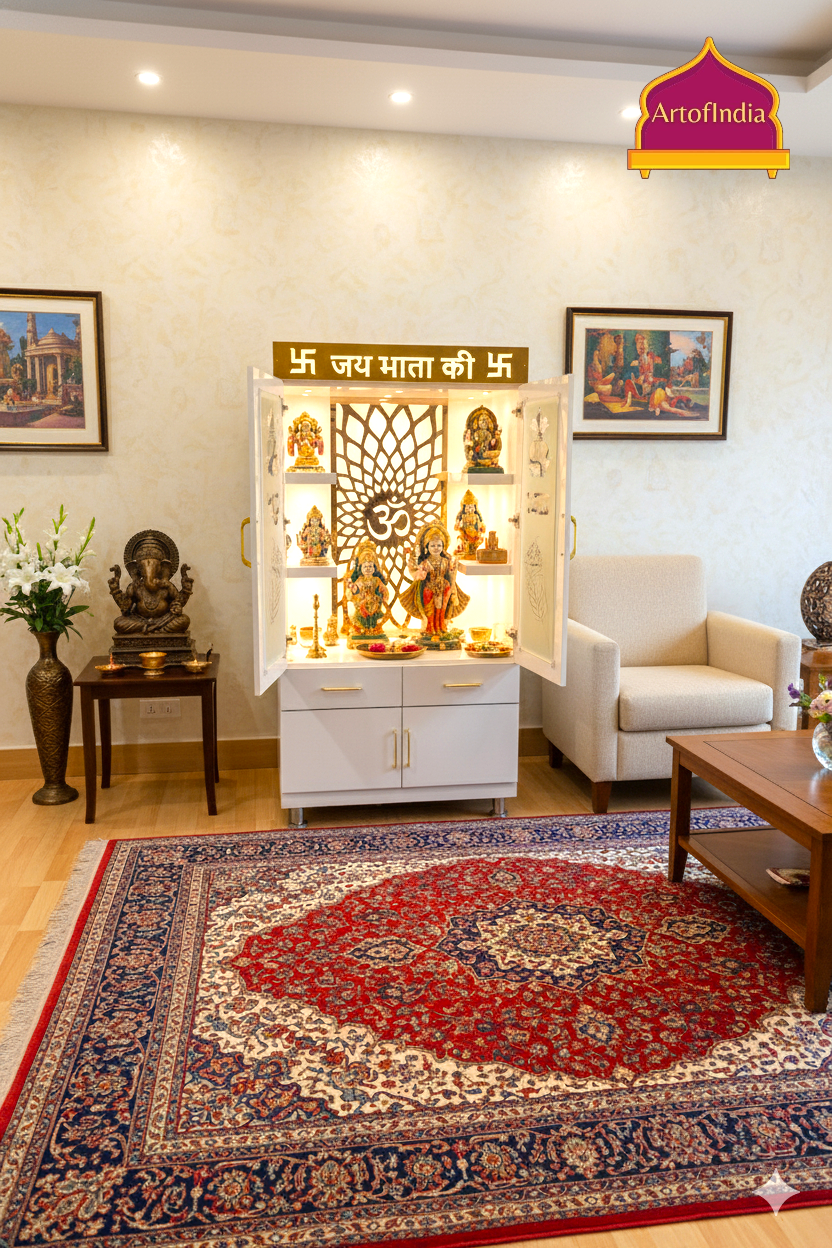 ARTOFINDIA White Wooden Pooja Mandir With  mor pankh doors ,Om jali  with shelfs  and drawers &tray