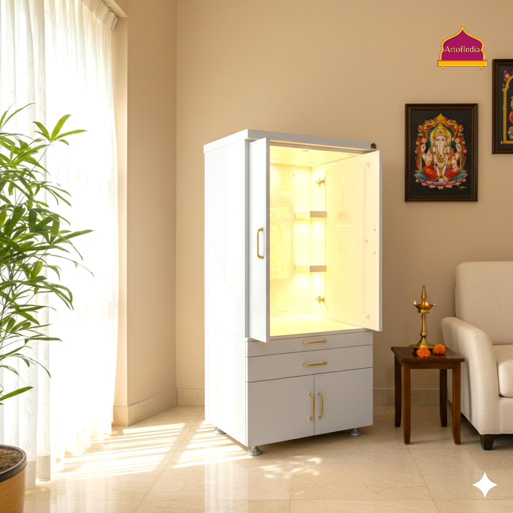 ARTOFINDIA White Wooden Pooja Mandir With  glass Door and Drawers Included Tray