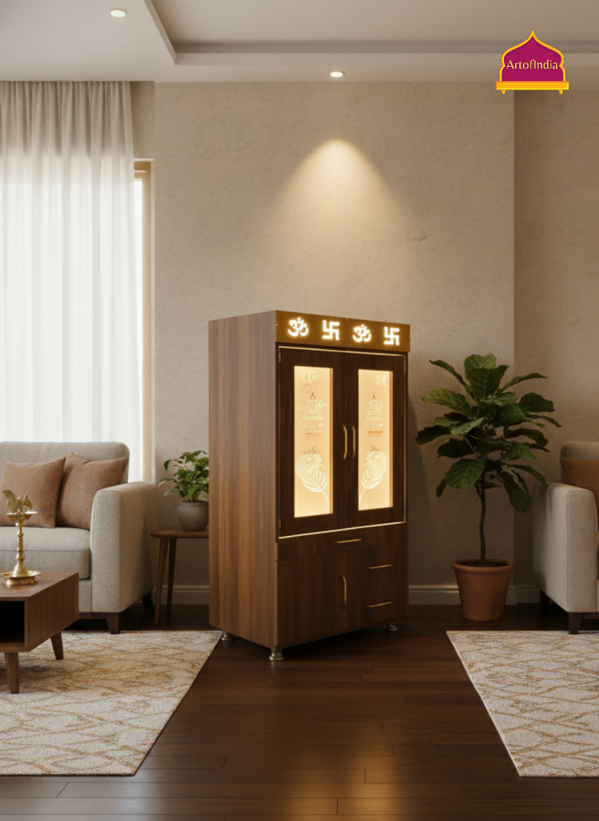 ARTOFINDIA White Brown  Wooden Pooja Mandir With Om Design  &  Glass Doors and Drawers Included Tray