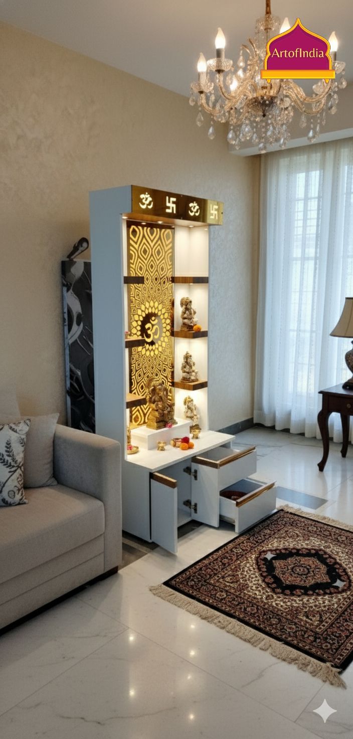 ARTOFINDIA White  Wooden Pooja Mandir With Profile Channel  & Om jali  with shelfs  and drawers &tray