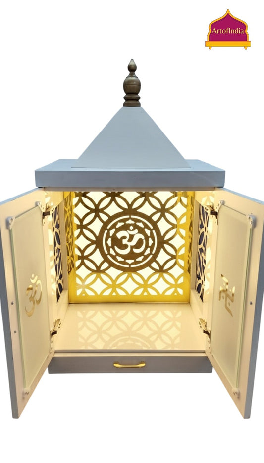 ARTOFINDIA White Wooden Pooja Mandir Normal Door  Om jali  With Foldable Gumbat