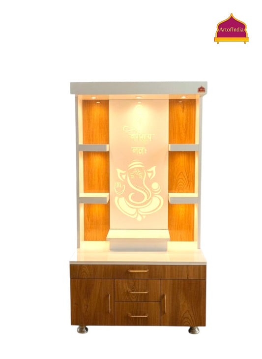 ARTOFINDIA White Wooden Pooja Mandir With Ganesh  Design   and Drawers Included Tray