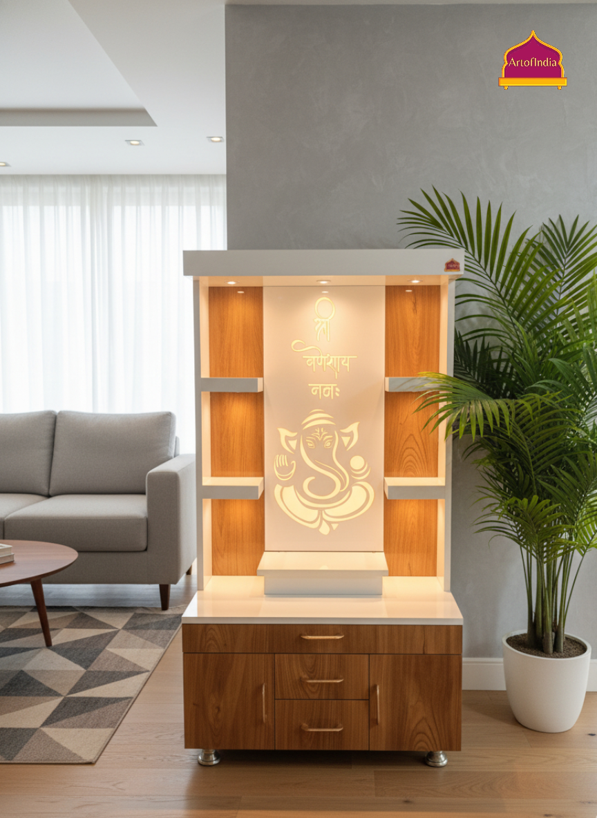 ARTOFINDIA White Wooden Pooja Mandir With Ganesh  Design   and Drawers Included Tray