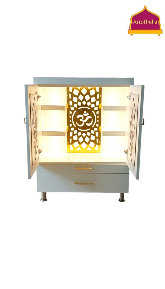 ARTOFINDIA White Wooden Pooja Mandir  Mor Pankh Doors ,Om jali  with shelfs  and drawers &tray