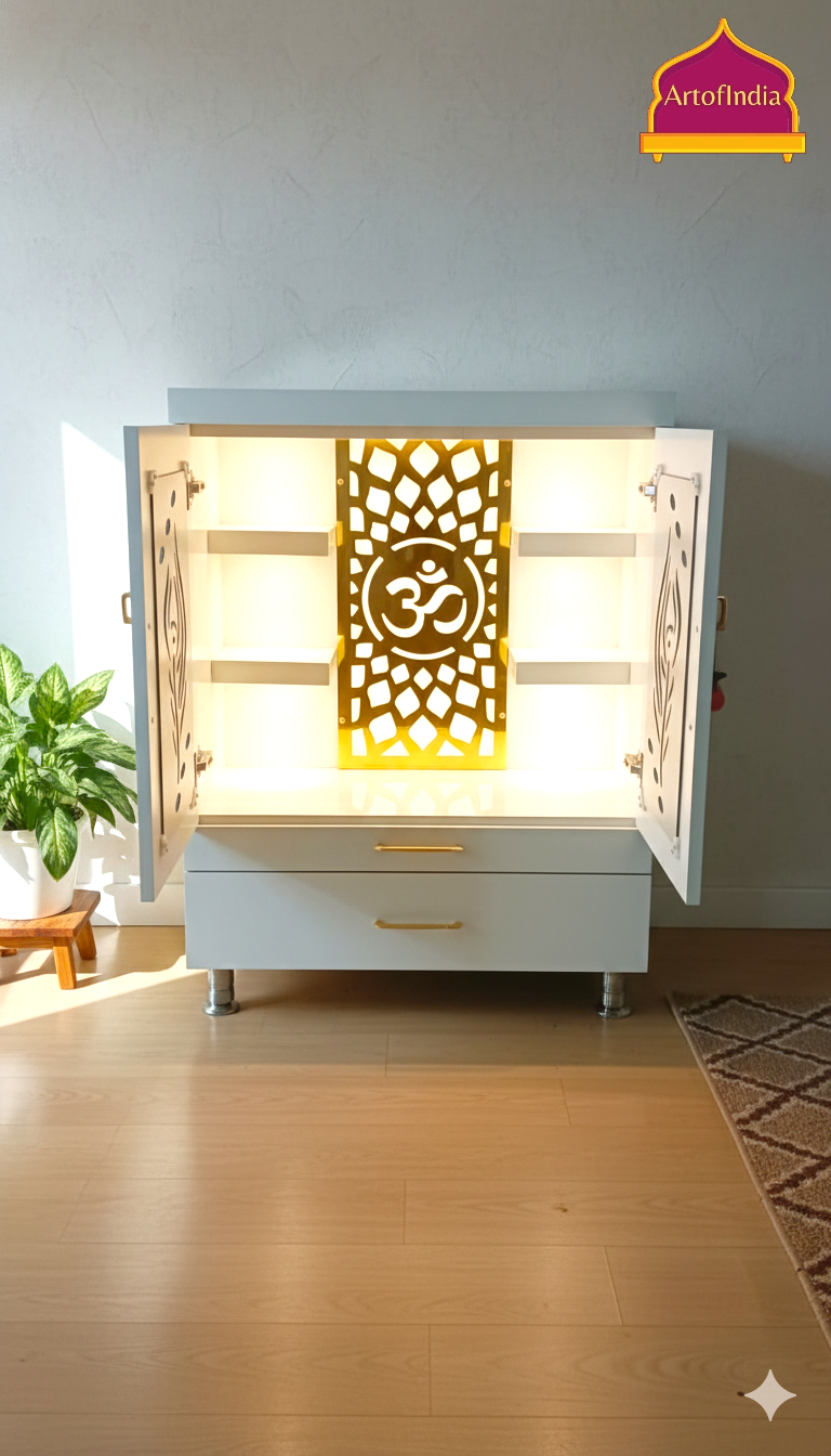 ARTOFINDIA White Wooden Pooja Mandir  Mor Pankh Doors ,Om jali  with shelfs  and drawers &tray