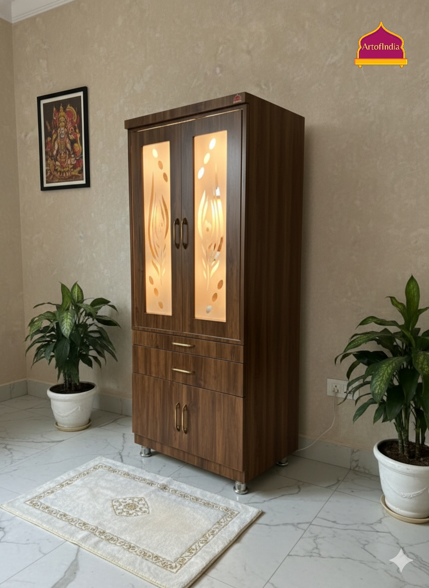 ARTOFINDIA Brown Wooden Pooja Mandir With Mor Pankh Glass Door & and Drawers Included Tray