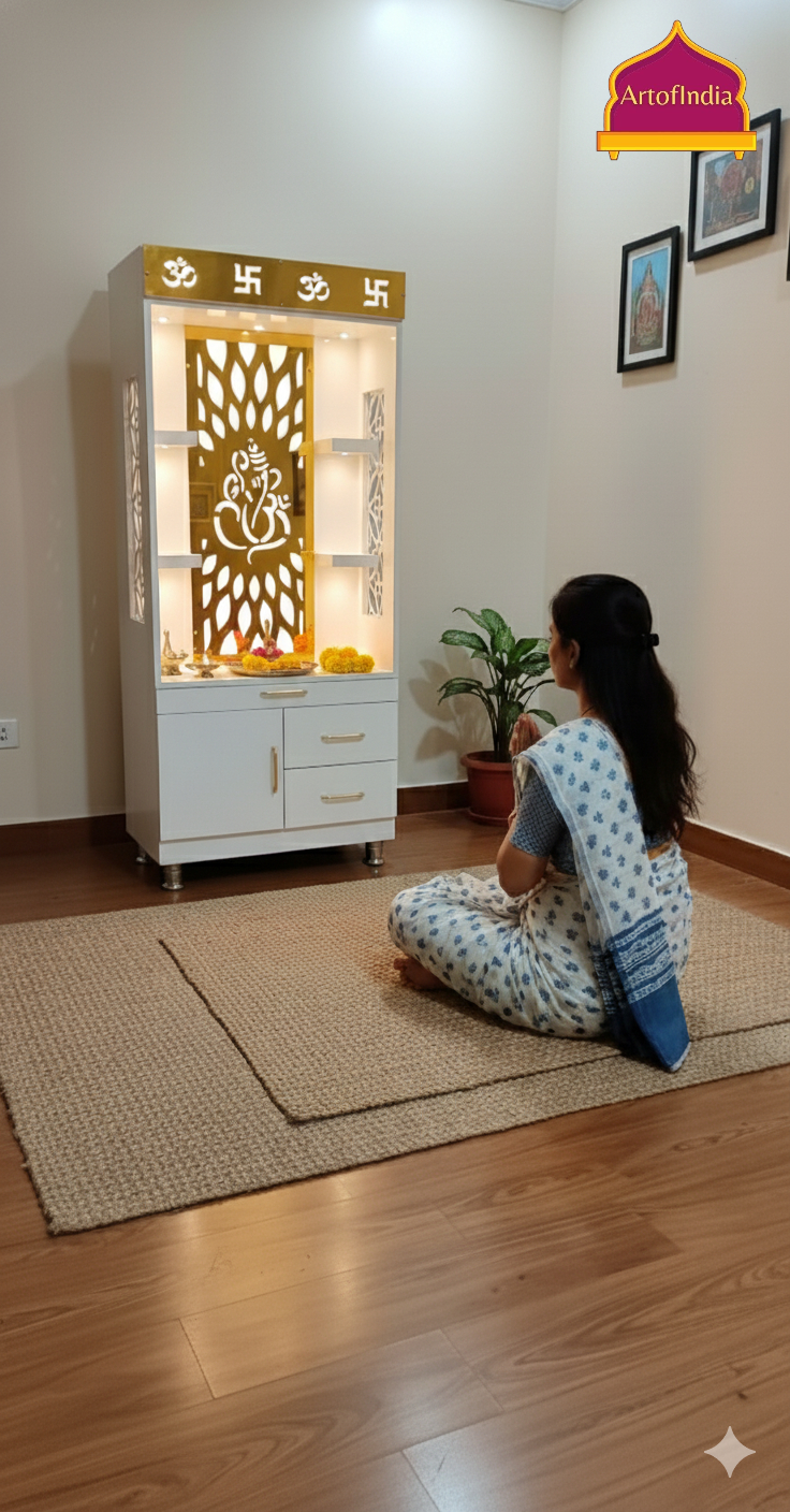 ARTOFINDIA White Wooden Pooja Mandir  ,Ganesha & side jali  with shelfs  and drawers & tray