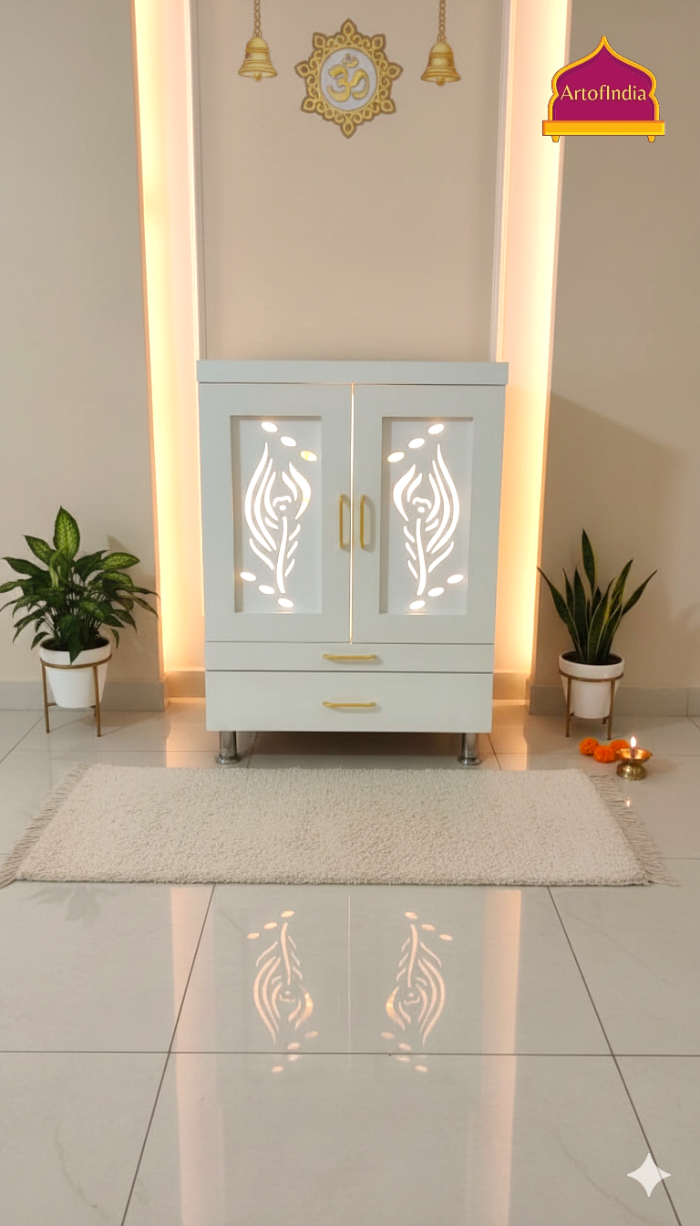 ARTOFINDIA White Wooden Pooja Mandir  Mor Pankh Doors ,Om jali  with shelfs  and drawers &tray