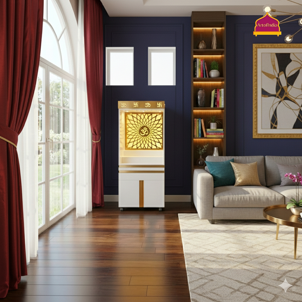 ARTOFINDIA White Wooden Pooja Mandir With Om Glass  and Drawers Included Tray