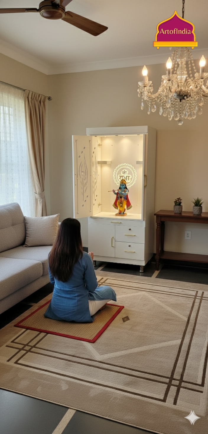 ARTOFINDIA White Wooden Pooja Mandir  With mor pankh door & Shri Radha Design with shelfs  and drawers & tray