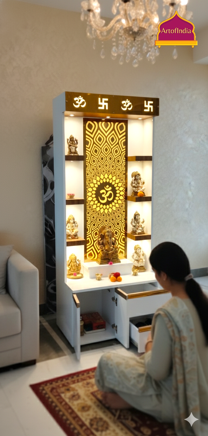 ARTOFINDIA White  Wooden Pooja Mandir With Profile Channel  & Om jali  with shelfs  and drawers &tray