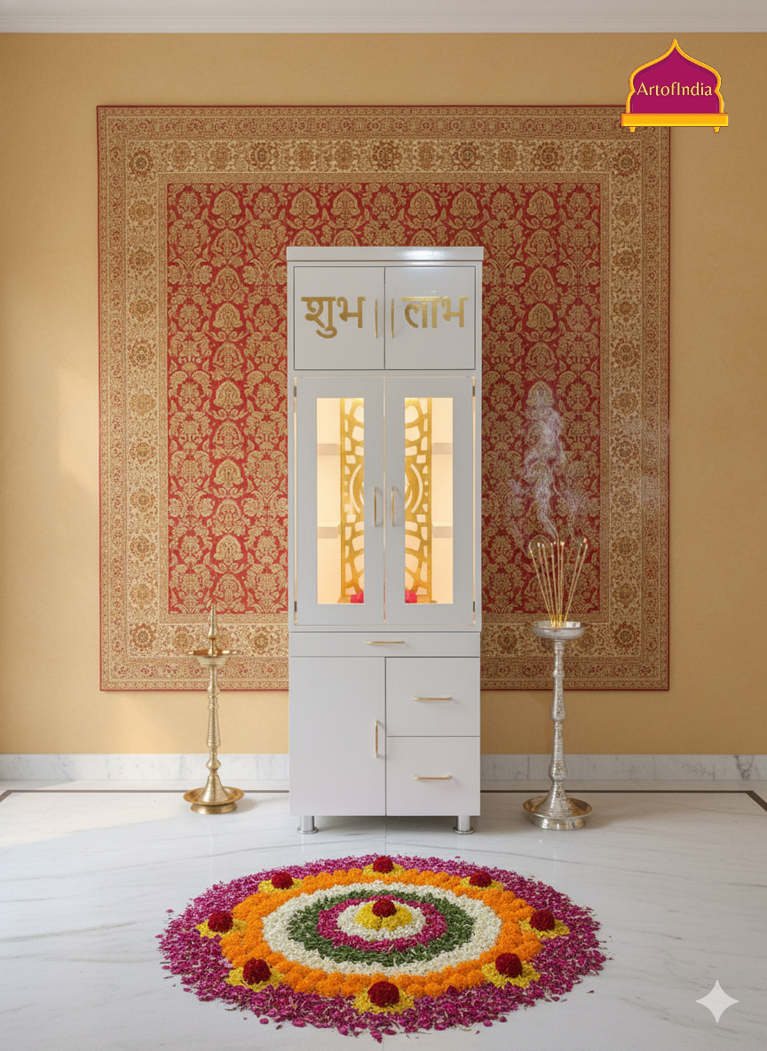 ARTOFINDIA White Wooden Pooja Mandir With  Om Jali & Shelfs and Drawers Included Tray