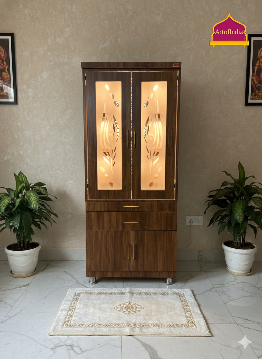 ARTOFINDIA Brown Wooden Pooja Mandir With Mor Pankh Glass Door & and Drawers Included Tray