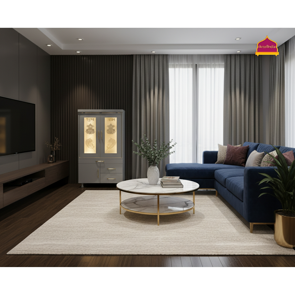 ARTOFINDIA White Wooden Pooja Mandir  With jali Doors & Om Jali and Drawers Included Tray