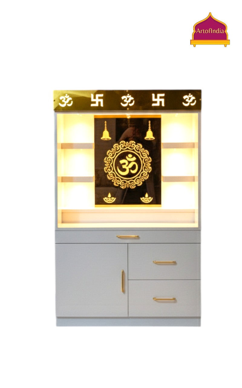 ARTOFINDIA White Wooden Pooja Mandir  With Om Glass  and drawers & tray