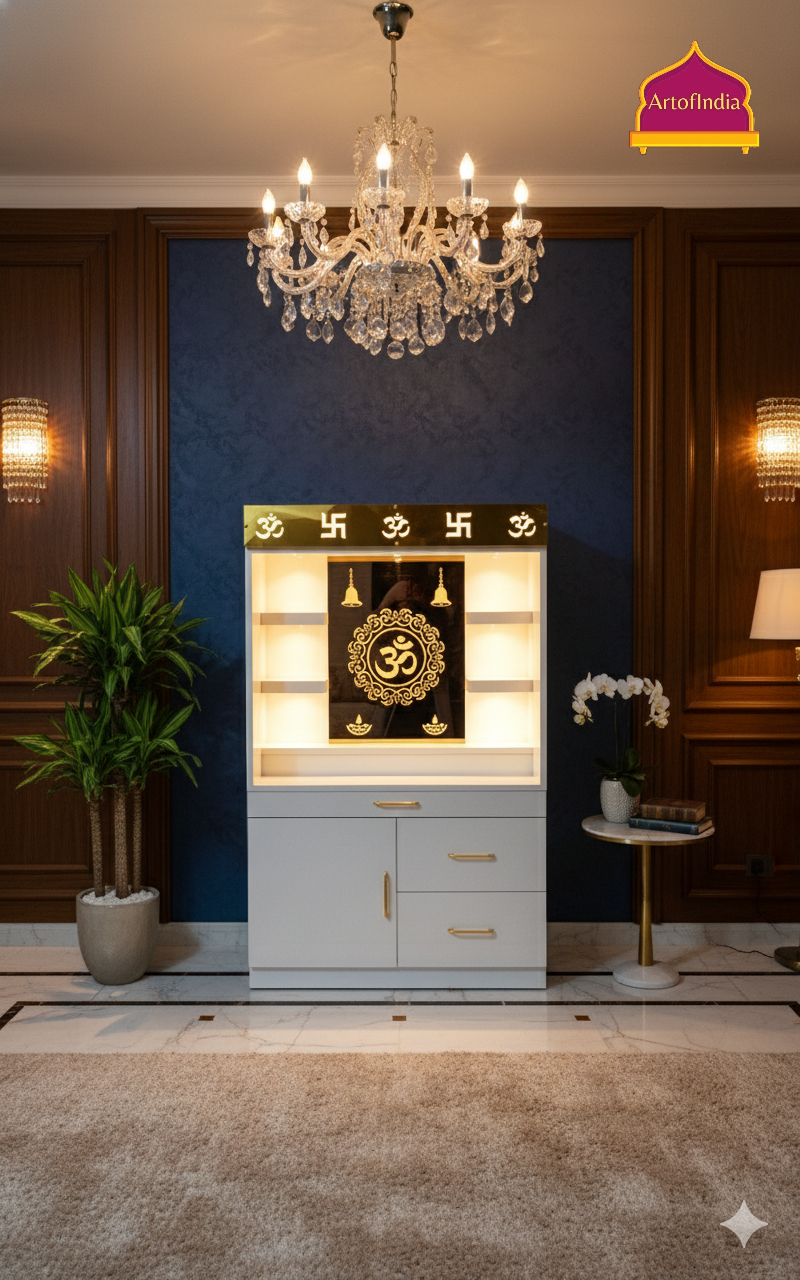 ARTOFINDIA White Wooden Pooja Mandir  With Om Glass  and drawers & tray