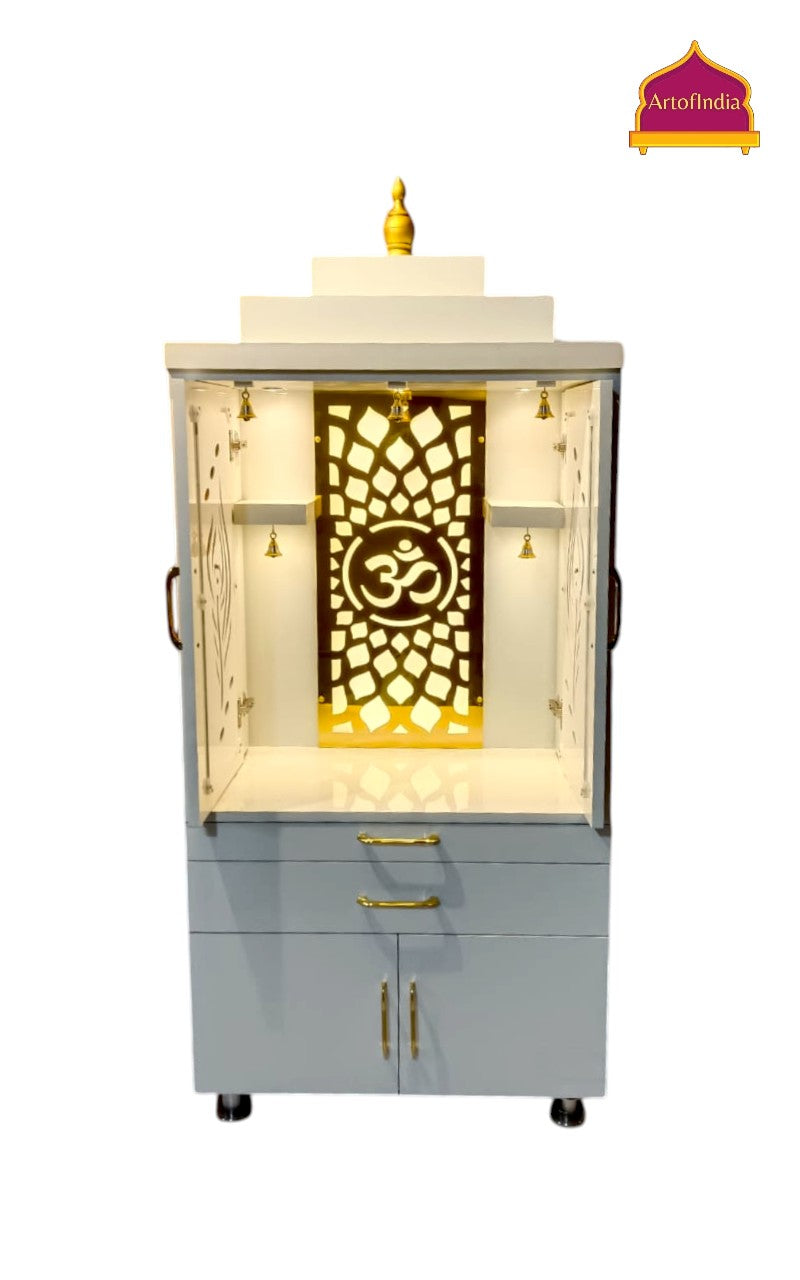 ARTOFINDIA White Wooden Pooja Mandir  With Om jali  and drawers & tray