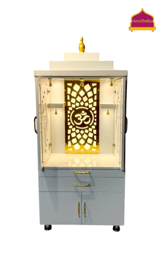 ARTOFINDIA White Wooden Pooja Mandir  With Om jali  and drawers & tray