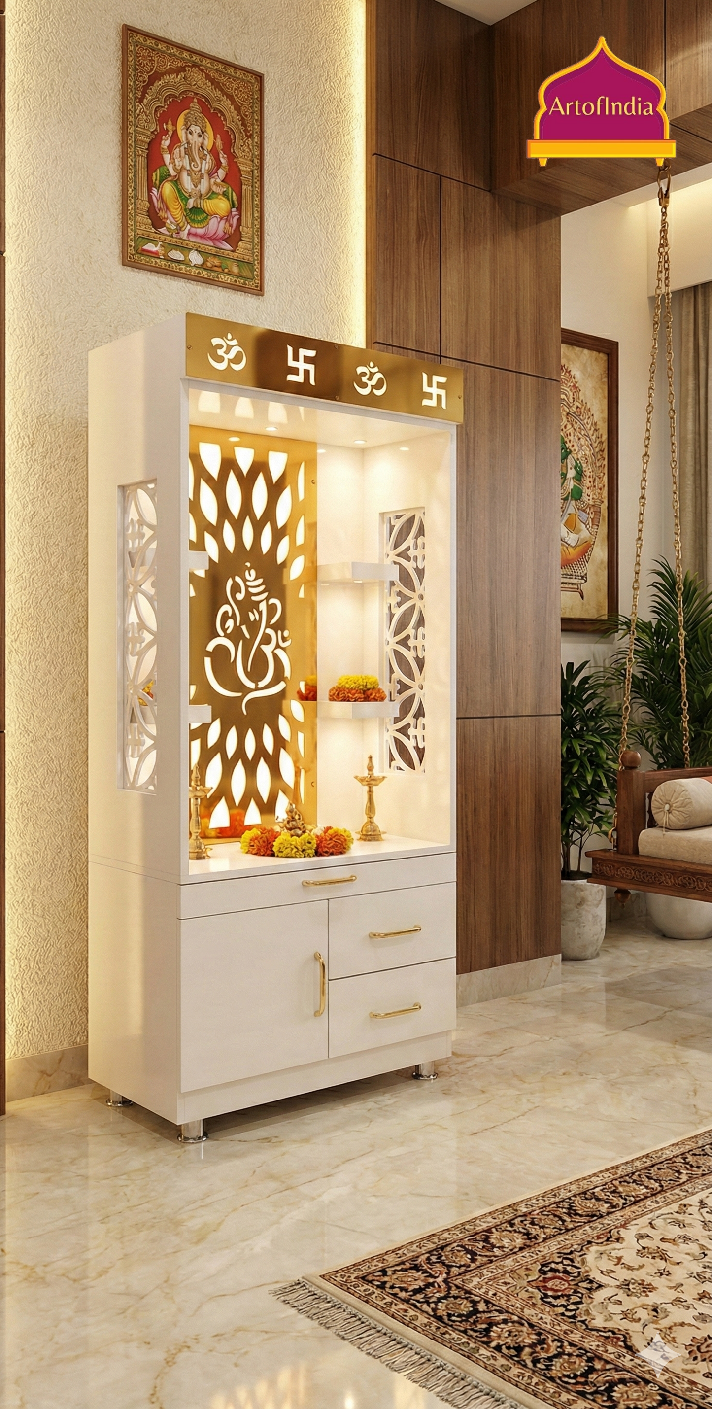 ARTOFINDIA White Wooden Pooja Mandir  ,Ganesha & side jali  with shelfs  and drawers & tray