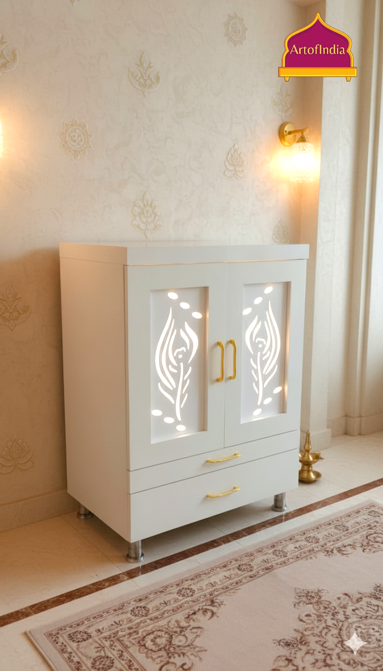 ARTOFINDIA White Wooden Pooja Mandir  Mor Pankh Doors ,Om jali  with shelfs  and drawers &tray