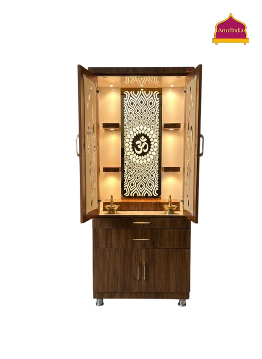 ARTOFINDIA Brown Wooden Pooja Mandir With Mor Pankh Glass Door & and Drawers Included Tray