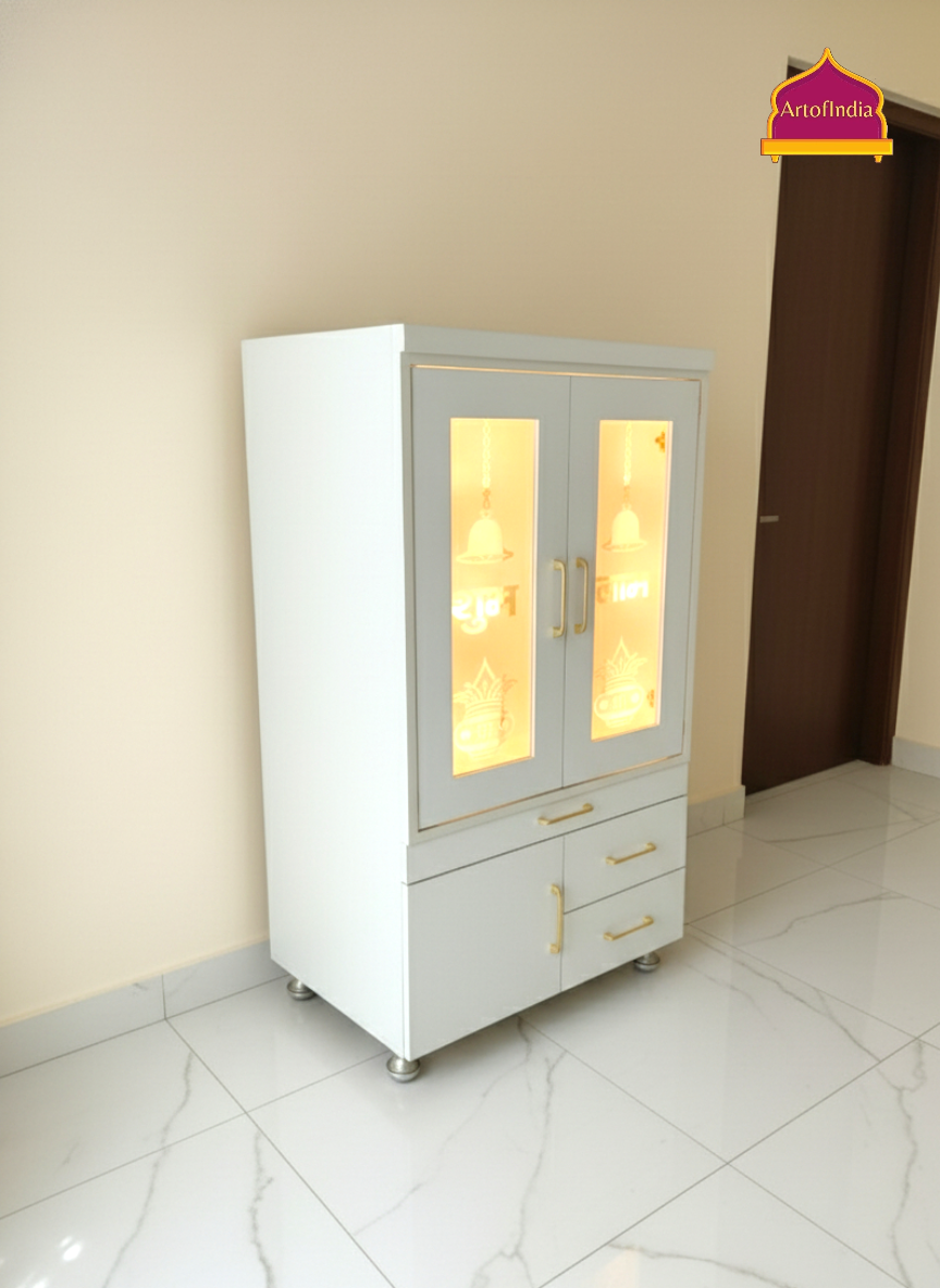 ARTOFINDIA White Wooden Pooja Mandir With Om Glass &  Glass Doors and Drawers Included Tray