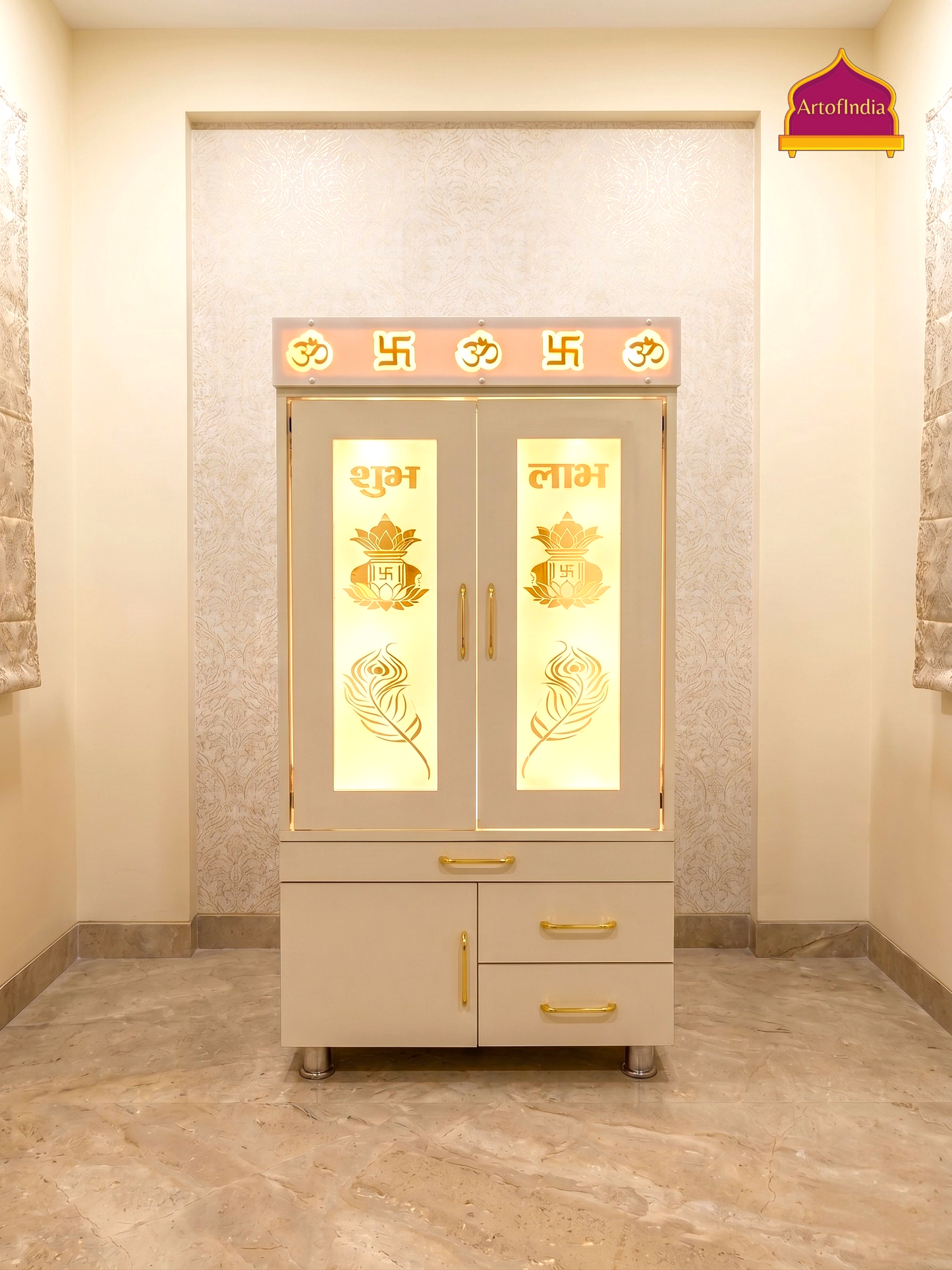 ARTOFINDIA White  Wooden Pooja Mandir  With Om Swastik Patti and  Om Glass  With P. Doors And step  Drawers Including Tray