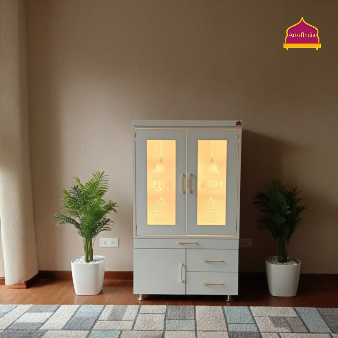 ARTOFINDIA White Wooden Pooja Mandir With Om Design Glass and Doors With  Drawers Included Tray