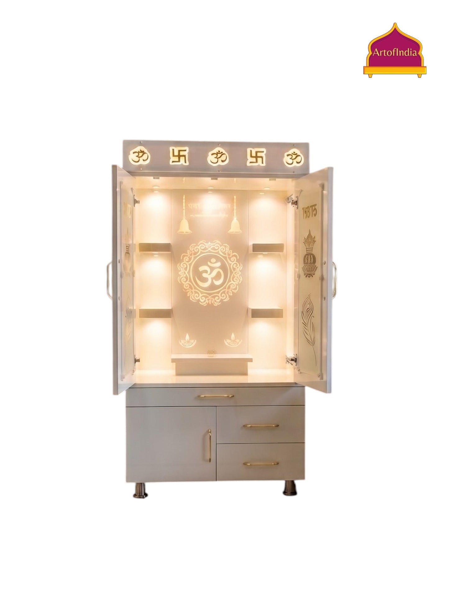ARTOFINDIA White  Wooden Pooja Mandir  With Om Swastik Patti and  Om Glass  With P. Doors And step  Drawers Including Tray