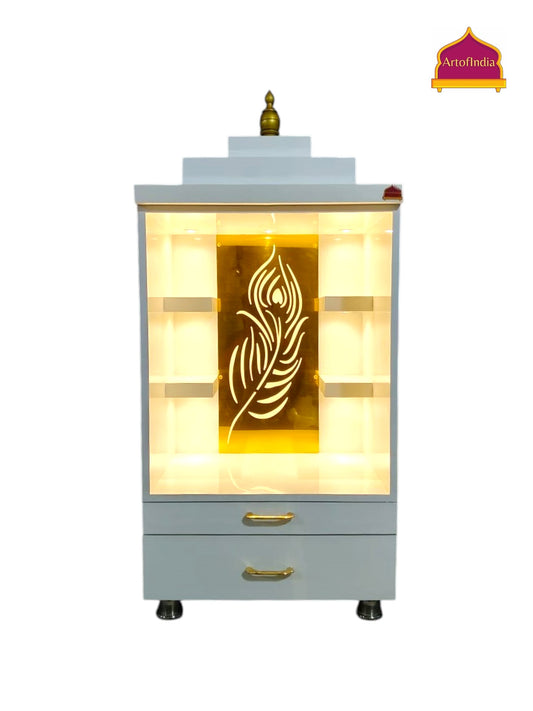 ARTOFINDIA/Elegant White Wooden Mandir With Shelfs And Mor Pankh Jali  For Home /Designer Temple