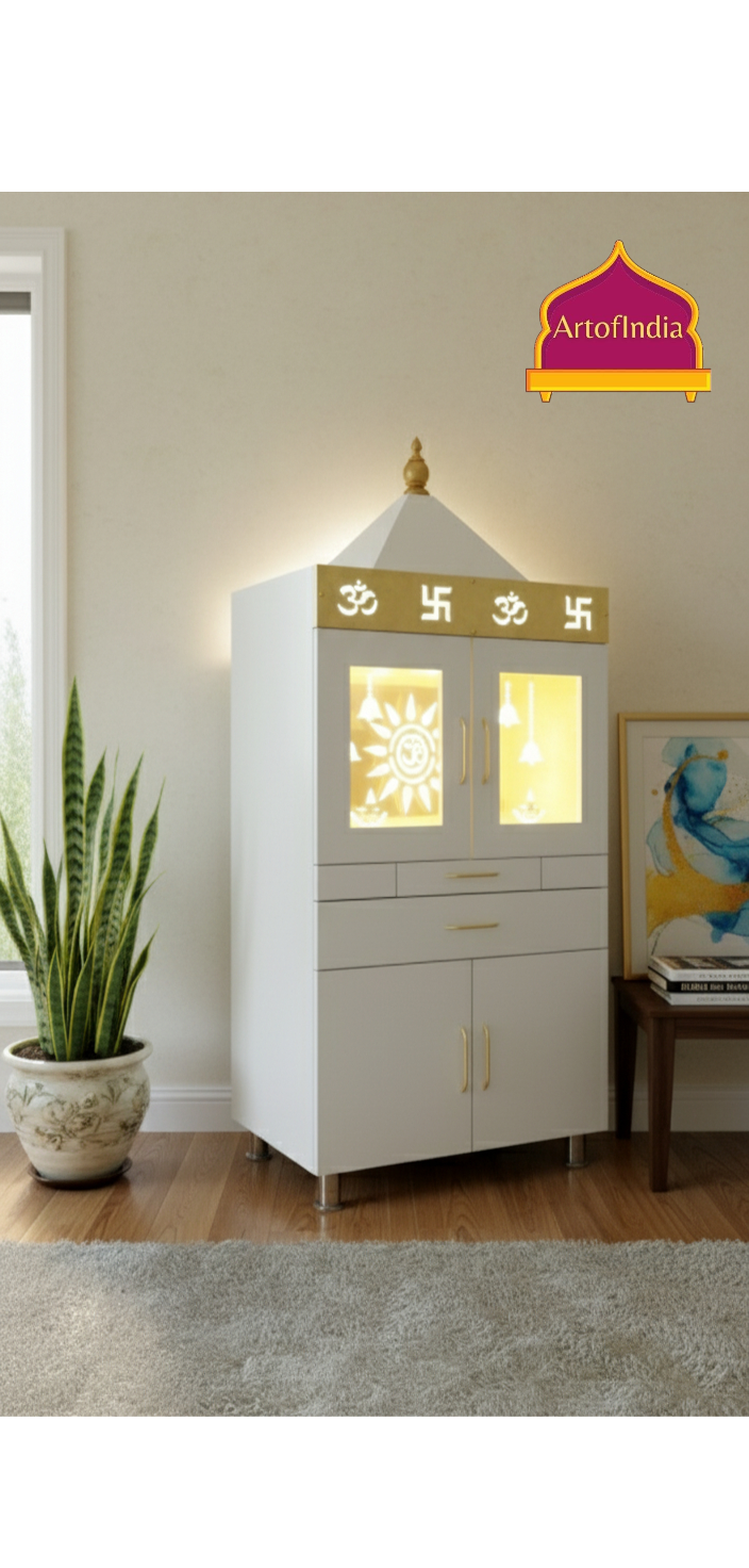 ARTOFINDIA White Wooden Pooja Mandir Normal Door Inside Cooper Glass Foldable Gumbat