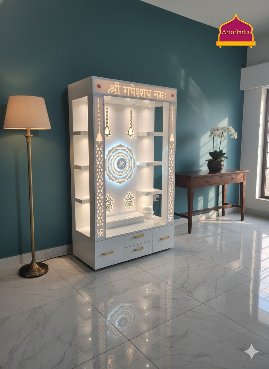 ARTOFINDIA White Wooden Pooja Mandir With  Om Design  & Shelfs and Drawers Included Tray