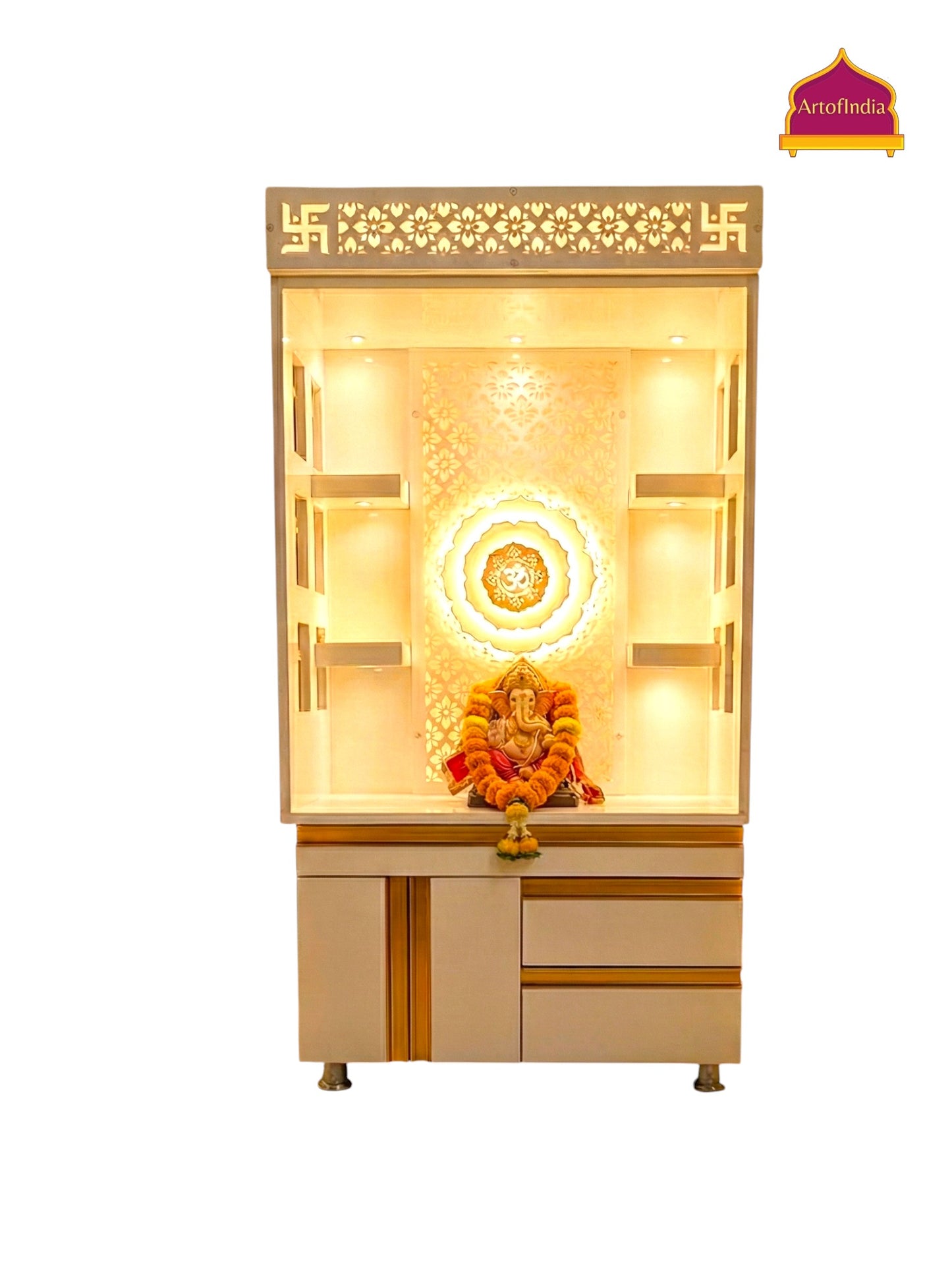 ARTOFINDIA White Wooden Pooja Mandir With Om Design  and Drawers Included Tray