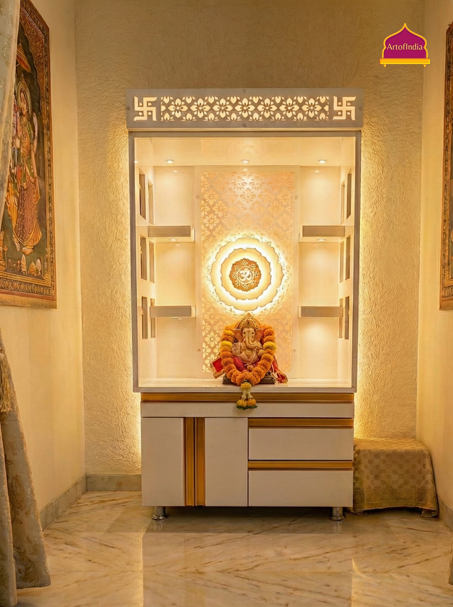 ARTOFINDIA White Wooden Pooja Mandir With Om Design  and Drawers Included Tray
