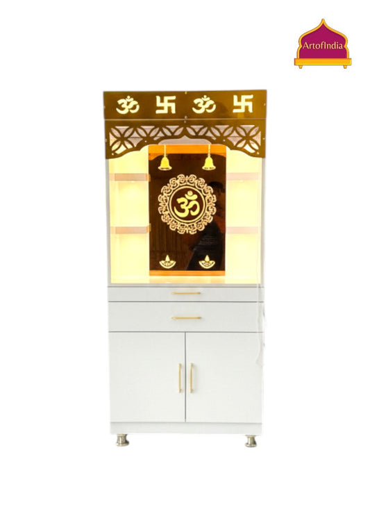 ARTOFINDIA White Wooden Pooja Mandir With Om Glass &  Glass Doors and Drawers Included Tray