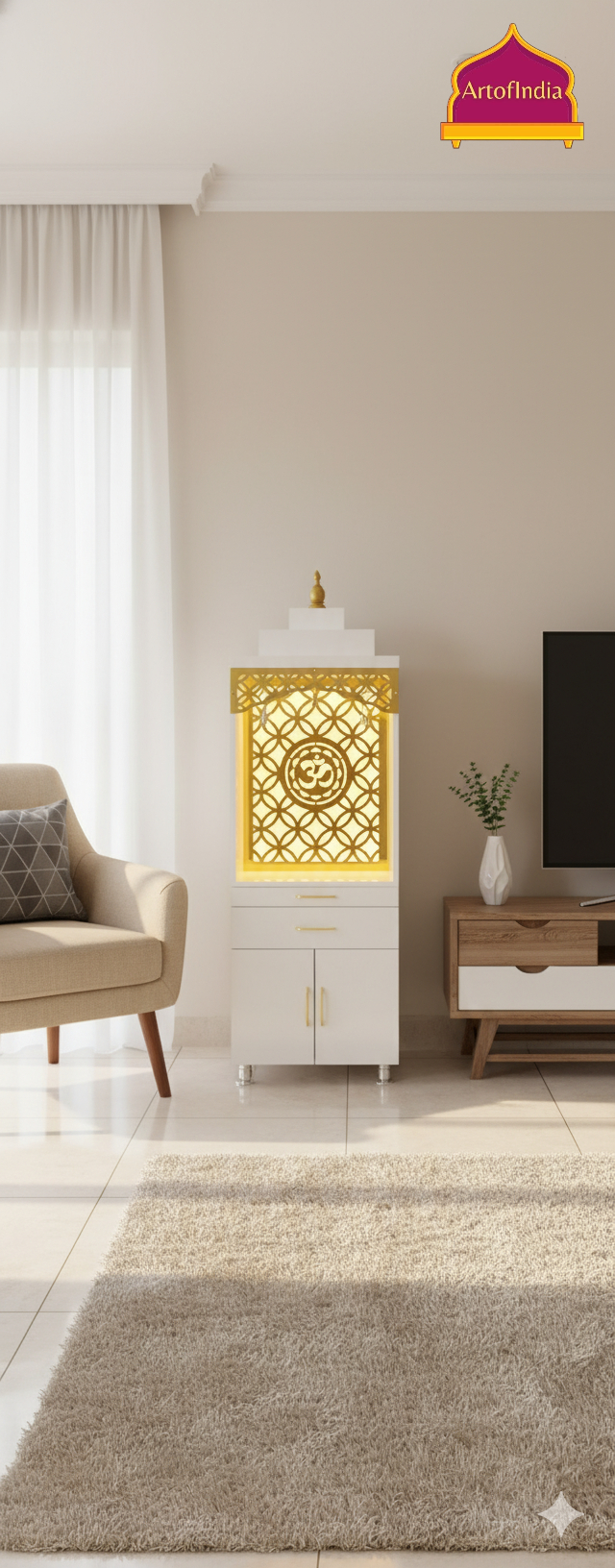 ARTOFINDIA White  Wooden Pooja Mandir With Gumbad & Om jali  with Mehrab  jali and drawers &tray