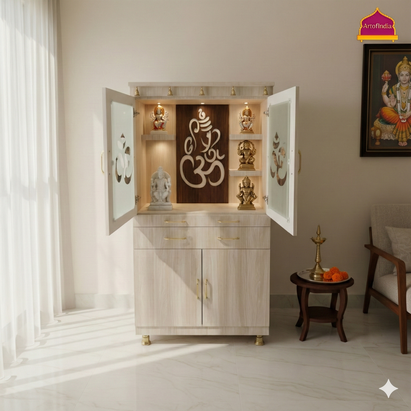 ARTOFINDIA White Wooden Pooja Mandir With Glass Doors & Ganesha glass and Drawers Included Tray