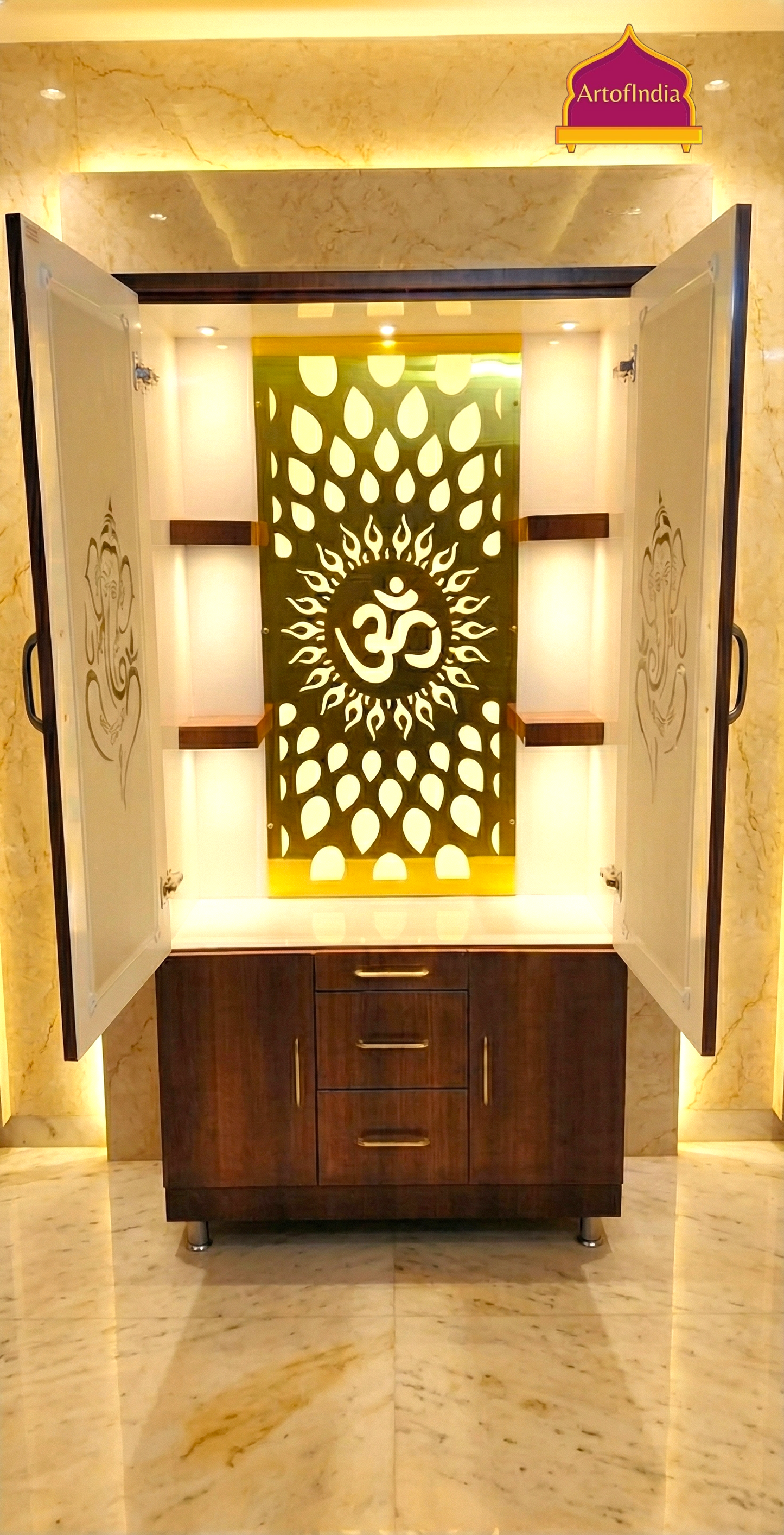 ARTOFINDIA Brown Wooden Pooja Mandir Ganesh Doors ,Om jali  with shelfs  and drawers &tray
