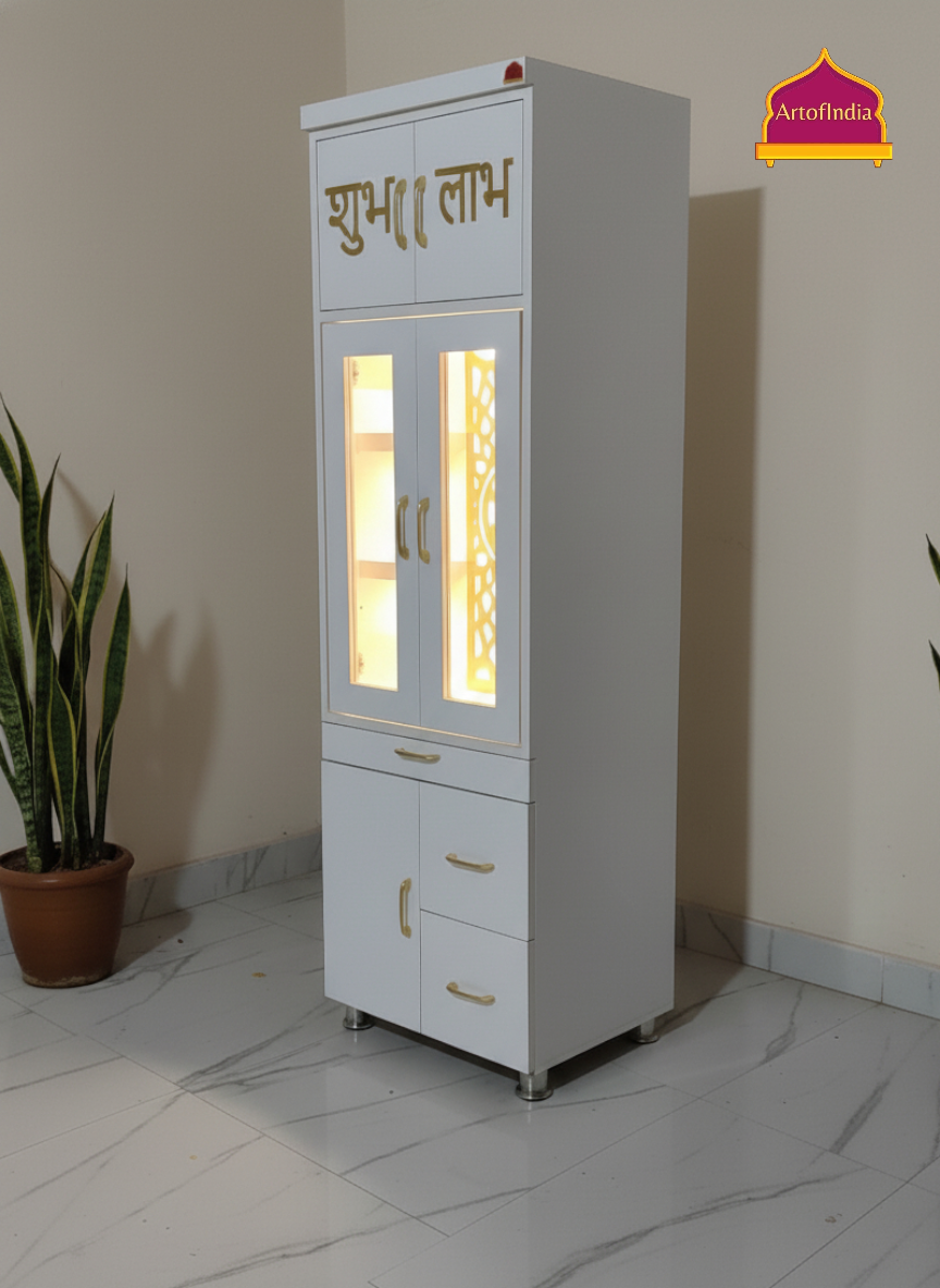 ARTOFINDIA White Wooden Pooja Mandir With  Om Jali & Shelfs and Drawers Included Tray
