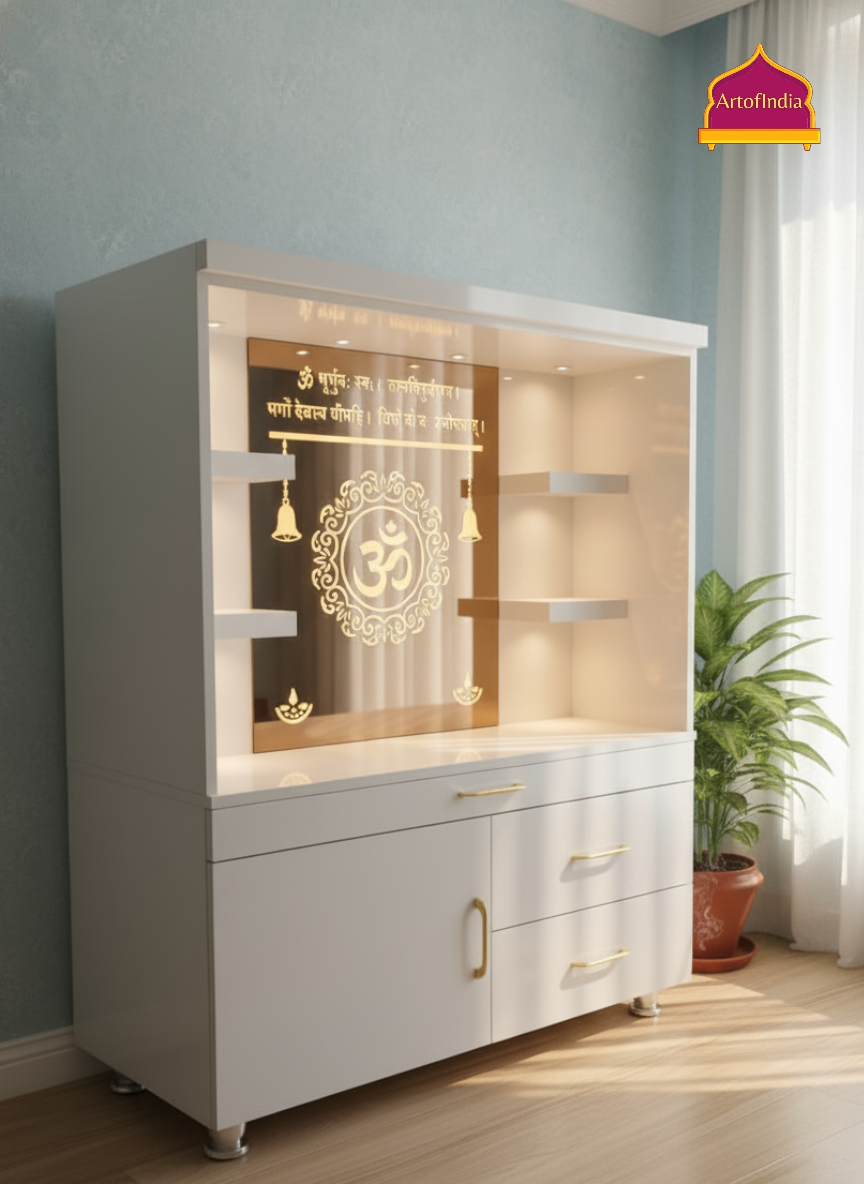 ARTOFINDIA White Wooden Pooja Mandir With  Om Glass  & Shelfs and Drawers Included Tray