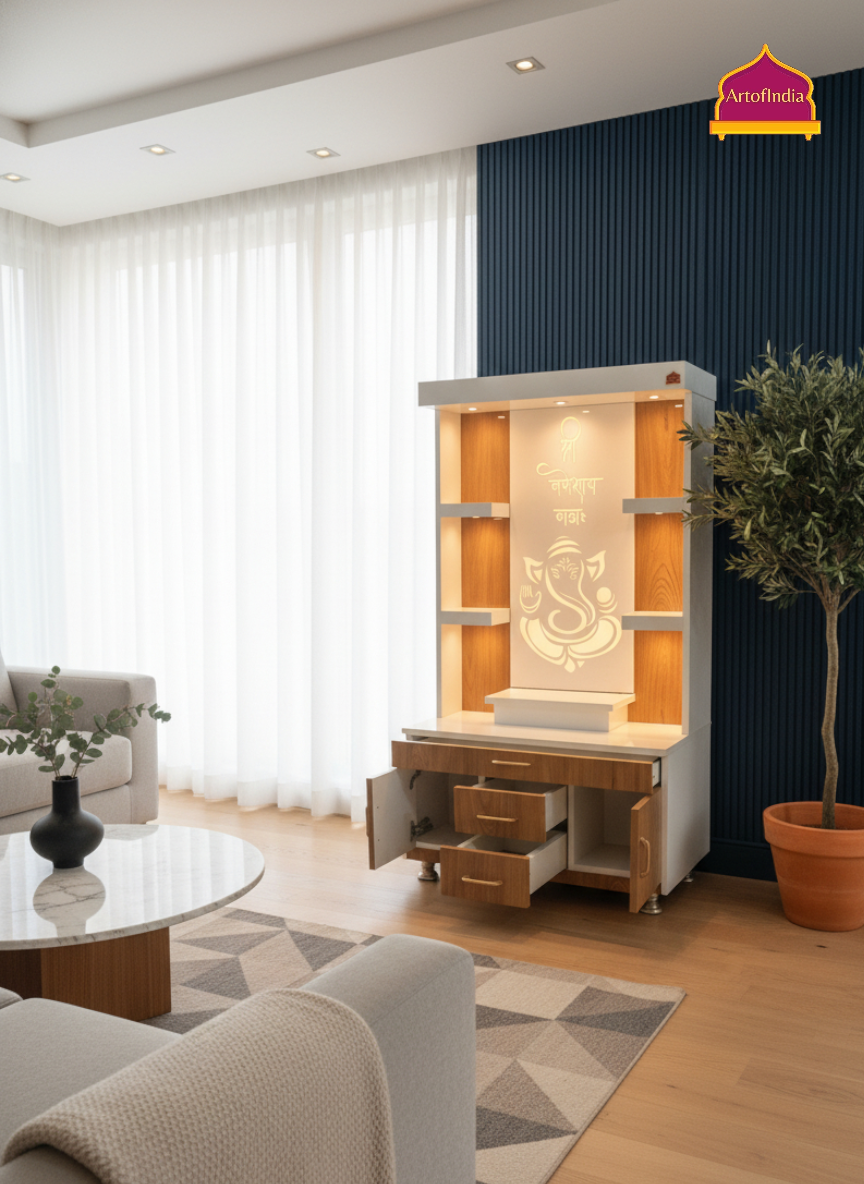 ARTOFINDIA White Wooden Pooja Mandir With Ganesh  Design   and Drawers Included Tray