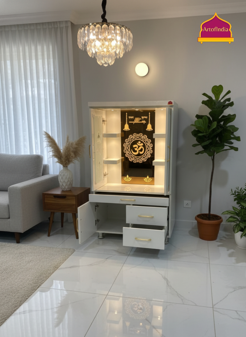 ARTOFINDIA White Wooden Pooja Mandir With Om Glass &  Glass Doors and Drawers Included Tray